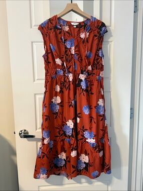 Time and Tru Rust Floral Midi Dress with Blue & Pink Flowers